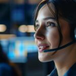 A female customer service representative in a contact center, wearing a headset and engaging with a customer, illustrating great customer experience through effective contact center knowledge management