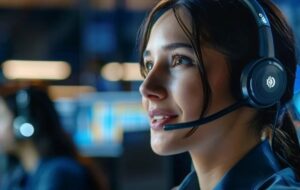 A female customer service representative in a contact center, wearing a headset and engaging with a customer, illustrating great customer experience through effective contact center knowledge management