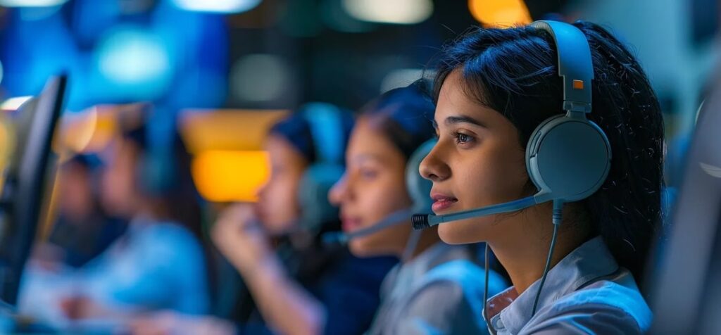 A female customer service representative in a contact center, wearing a headset, highlighting the concept of streamlining contact center operations with centralized knowledge bases